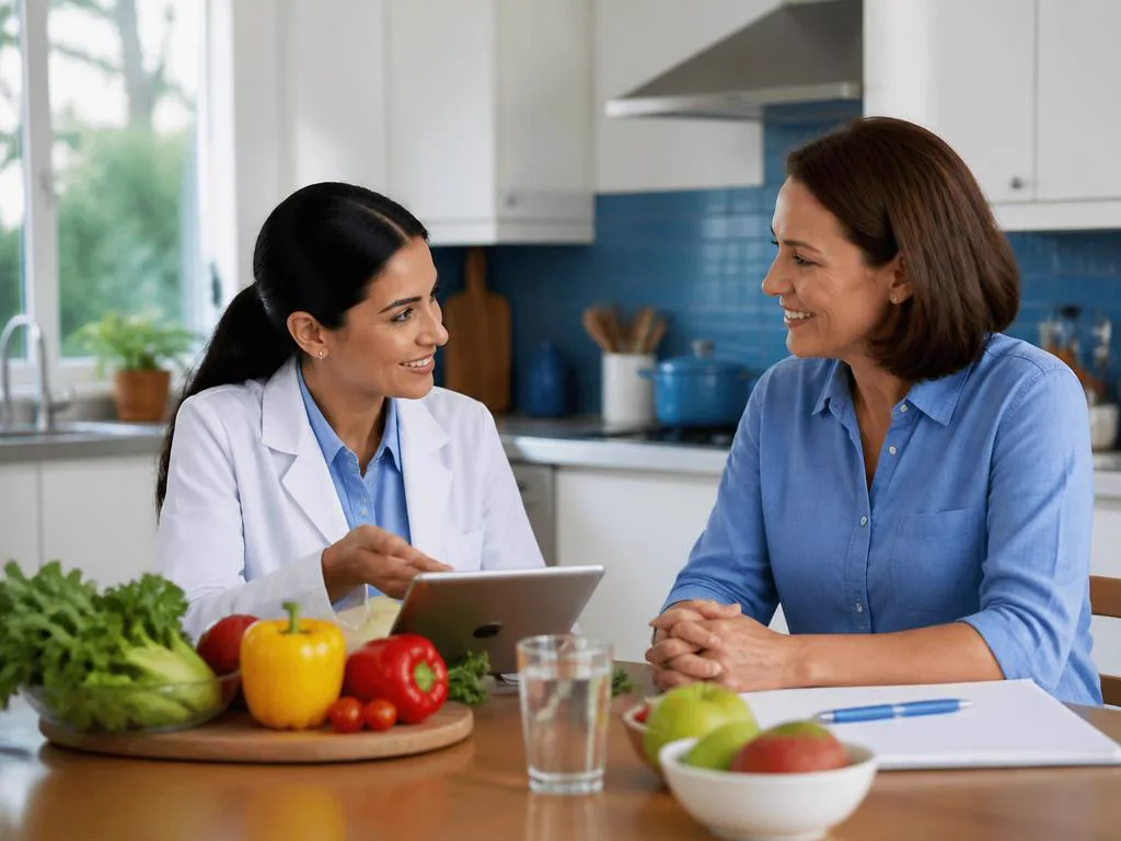 Nutricionista orientando uma paciente em sua cozinha