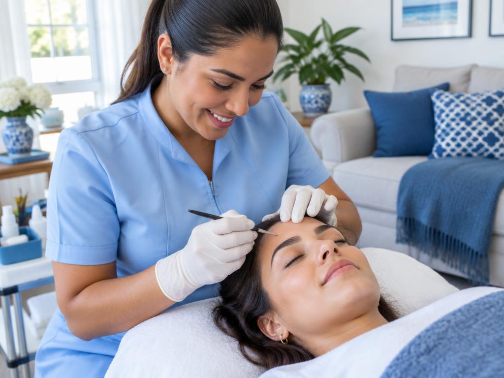 Técnica em estética fazendo design de sobrancelhas em uma cliente em casa